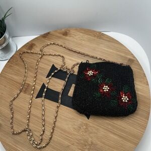 Beaded Poinsettia Zippered Pouch Clutch Coin Purse Small 7 3/4" x 4 3/4" Holiday